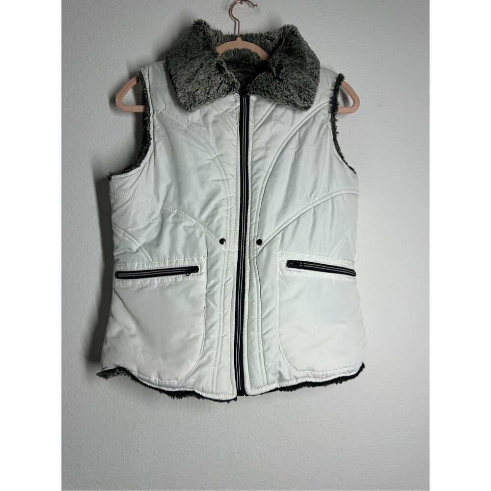 KC Collection Reversible Veste Faux Beaver Fur Full Zip Pockets White Gray Sz M